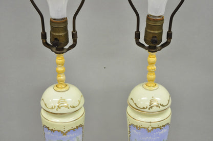 Antique French Renaissance Slender Porcelain Urn Hand Painted Table Lamps - Pair