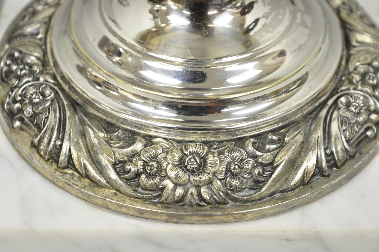 International Victorian Silver Plate Floral Repousse Candlestick Table Lamp Pair