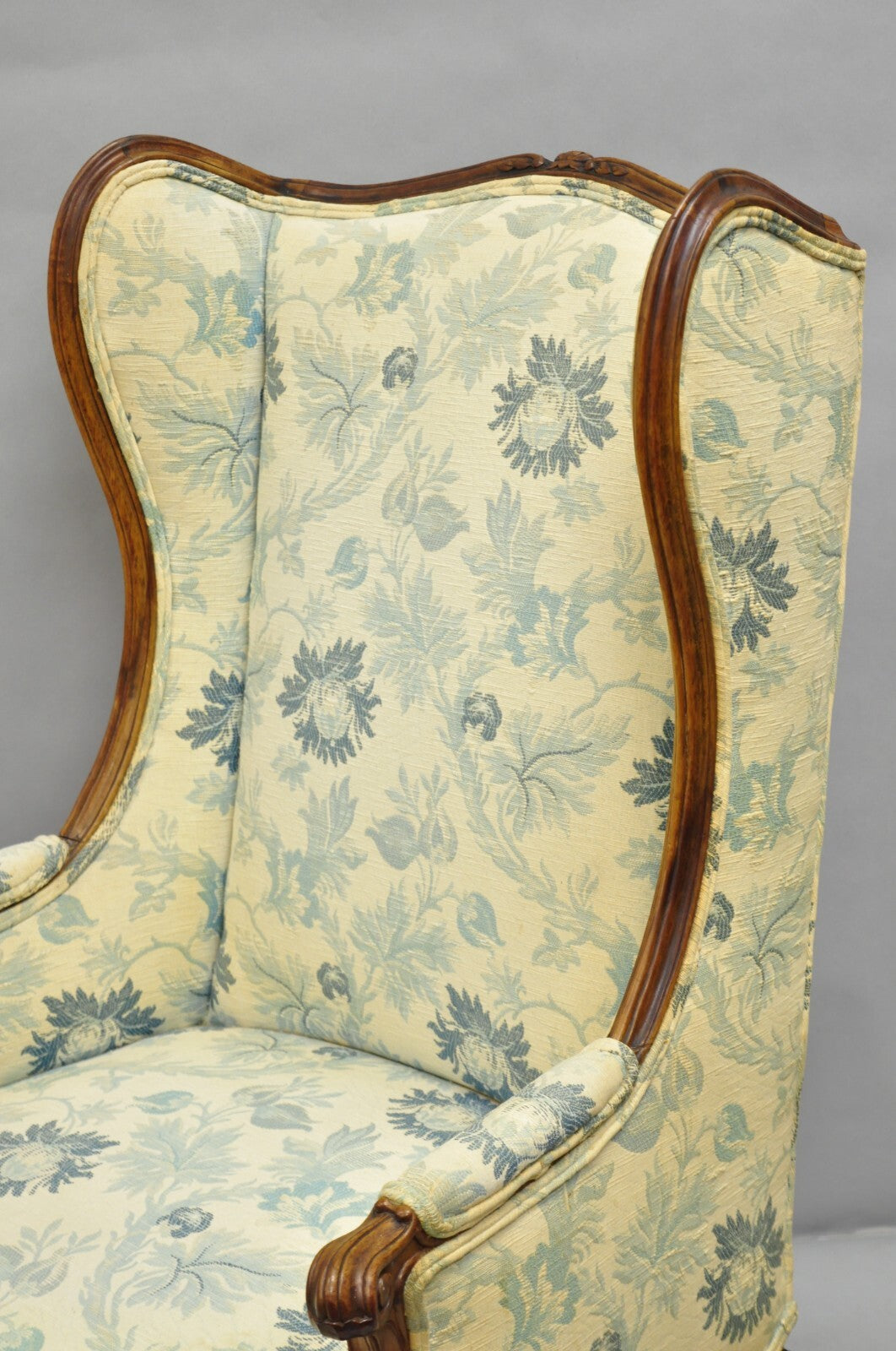 Antique French Country Provincial Carved Walnut Wingback Lounge Chairs Pair