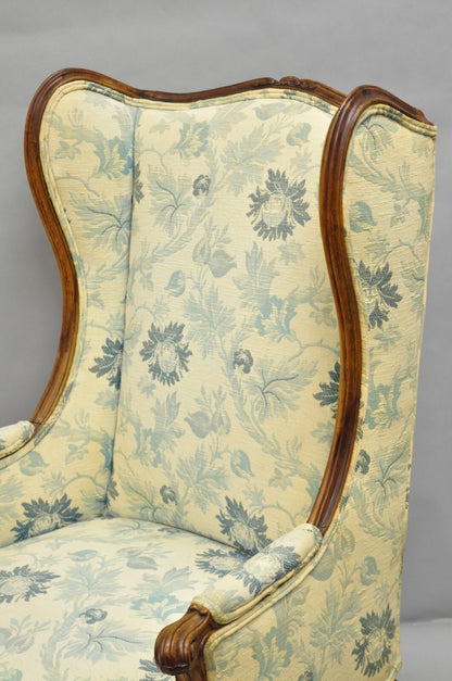 Antique French Country Provincial Carved Walnut Wingback Lounge Chairs Pair