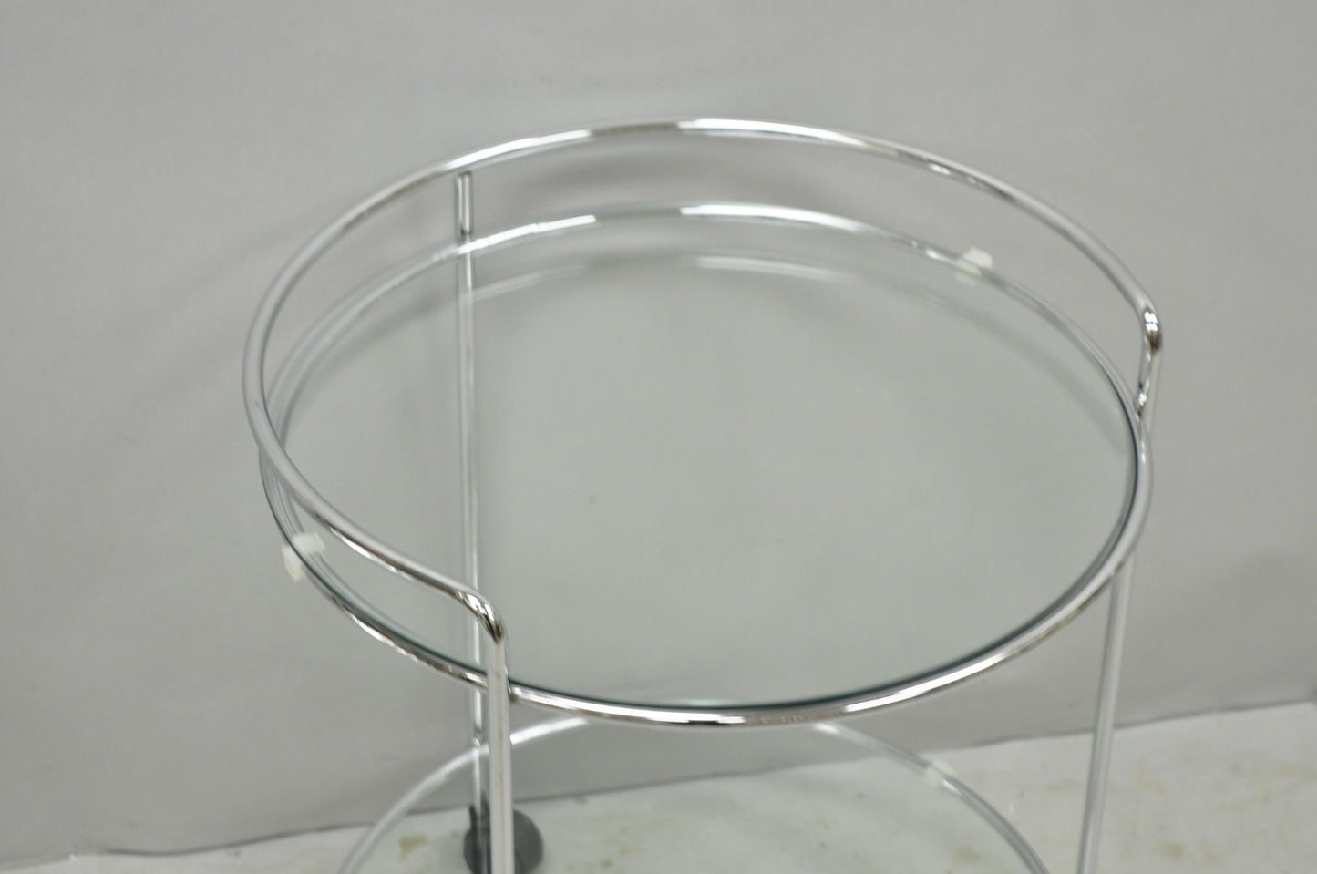 Vintage Mid Century Modern Chrome Round Glass 2 Tier Rolling Bar Cart Side Table