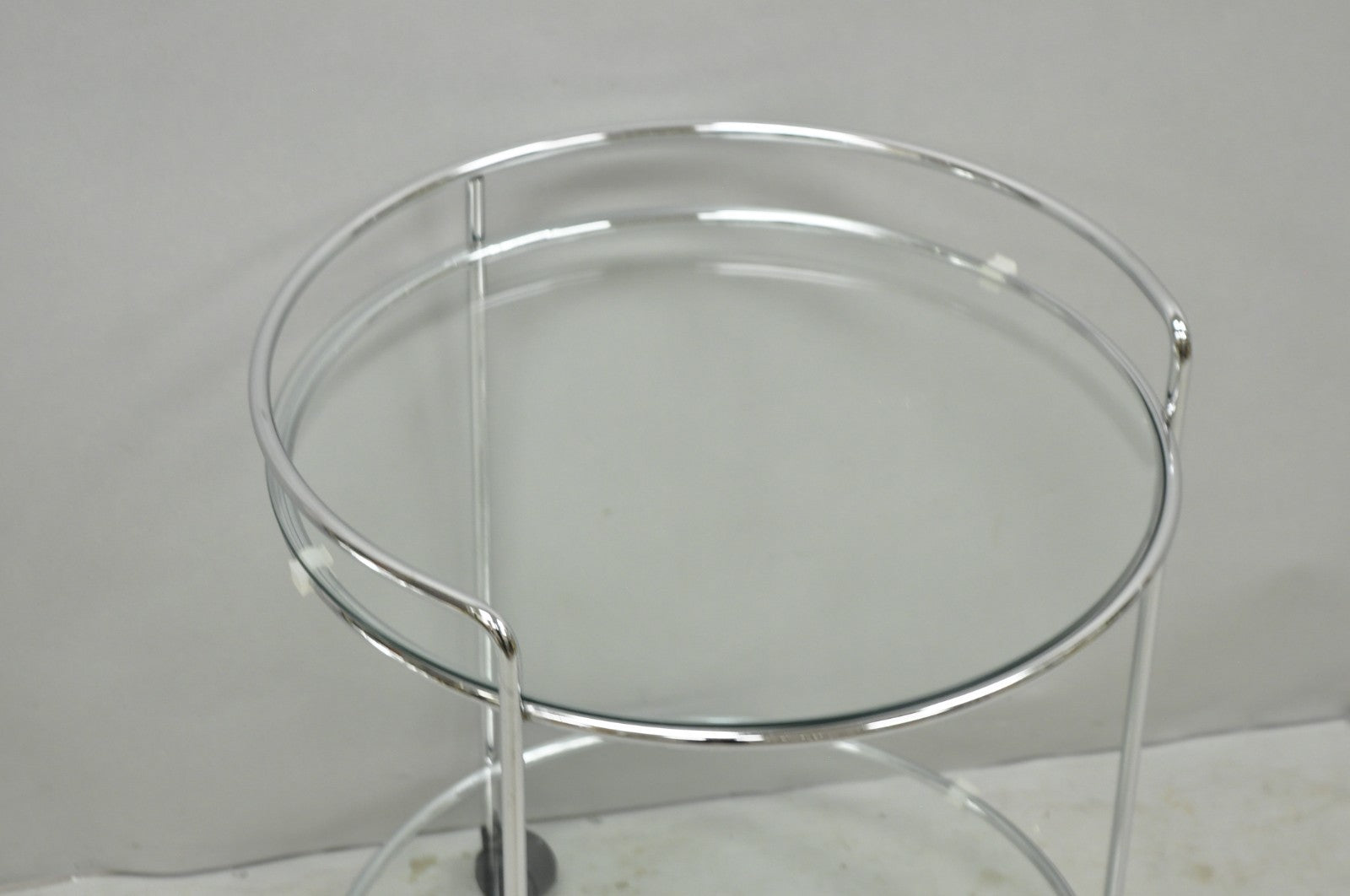 Vintage Mid Century Modern Chrome Round Glass 2 Tier Rolling Bar Cart Side Table