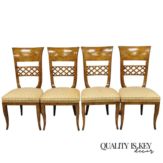 Vintage Italian Regency Burl Wood Brass Inlay Tall Back Dining Chairs - Set of 4