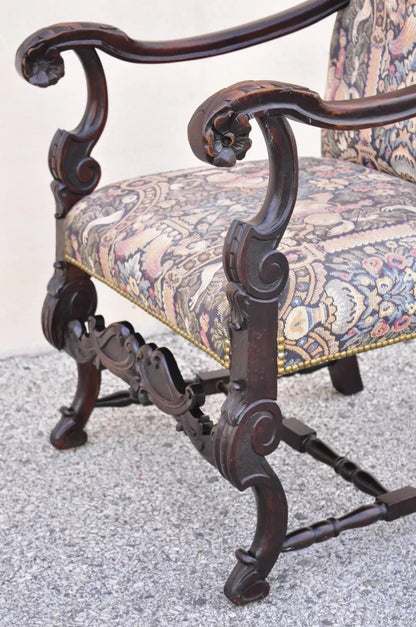 Antique Italian Renaissance Baroque Tapestry Carved Walnut Throne Arm Chair