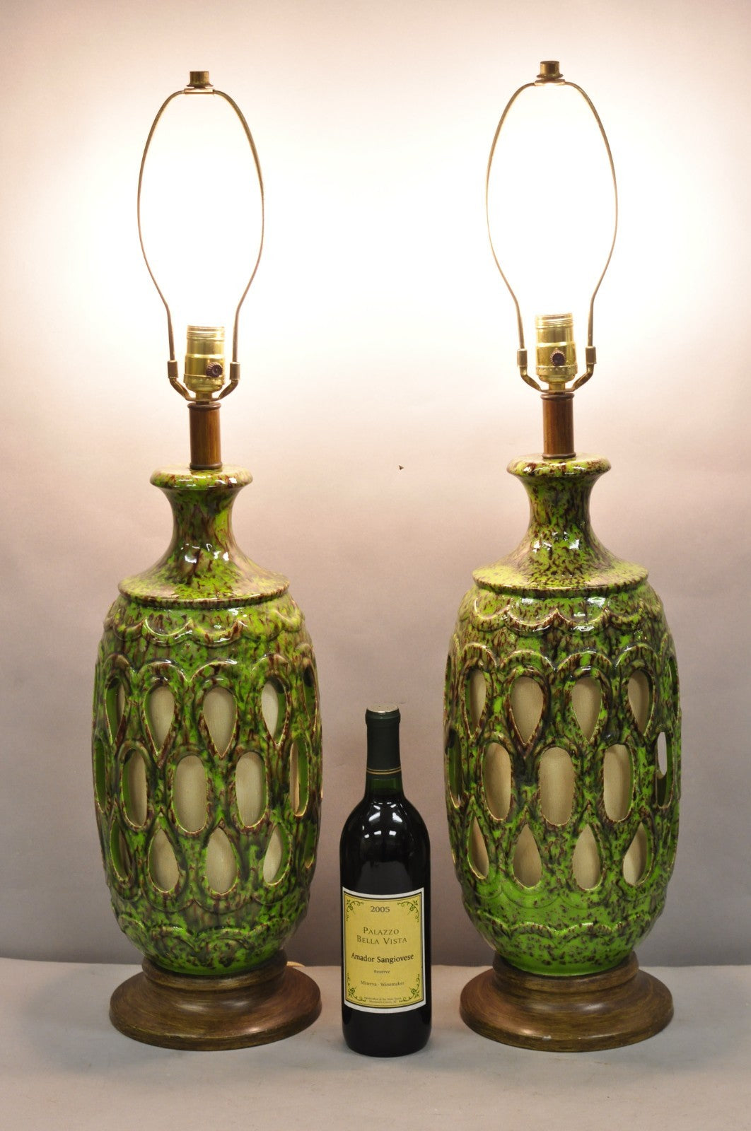 Vintage Mid Century Modern Green Lava Glazed Ceramic Pierced Table Lamps - Pair