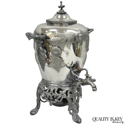 Antique Art Nouveau English Silver Plated Floral Repousse Samovar Coffee Tea Pot