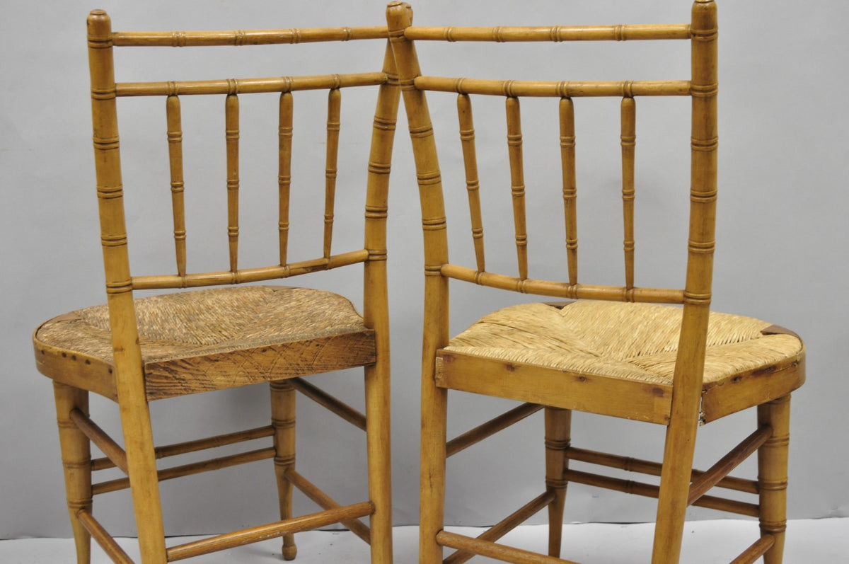 Antique English Regency Faux Bamboo Rush Seat Wooden Dining Chairs - Set of 6