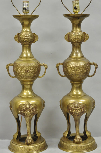 Vintage Chinoiserie James Mont Style Bronze Chinese Foo Dog Table Lamps (B) Pair