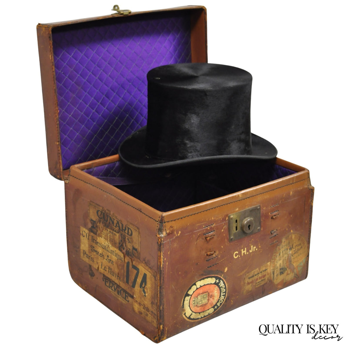 English Art Deco Brown Leather Travel Case Suitcase w/ Cunard Stickers & Top Hat