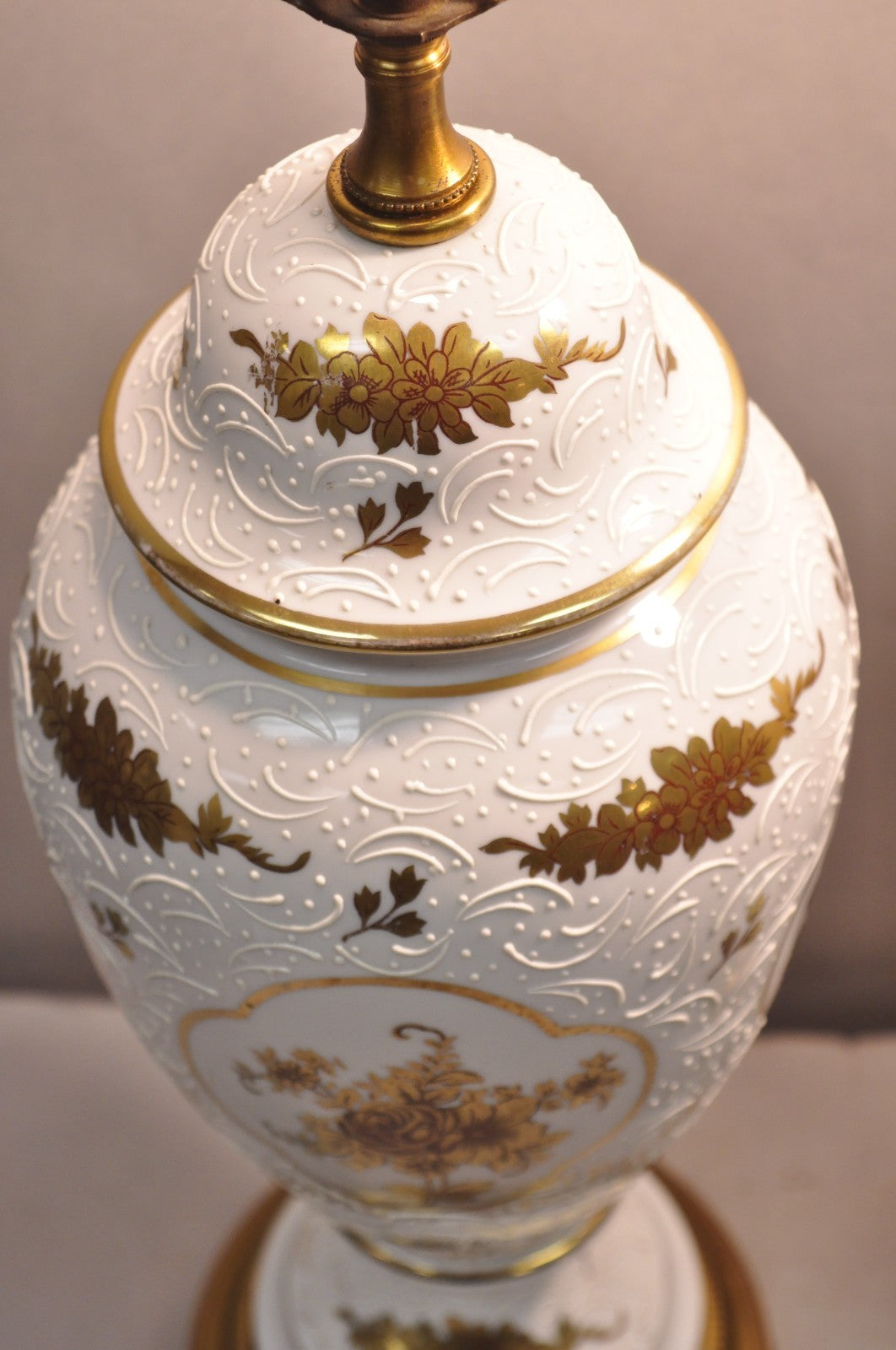 Vintage French Louis XV White Porcelain Ginger Jar Gold Flower Table Lamps Pair