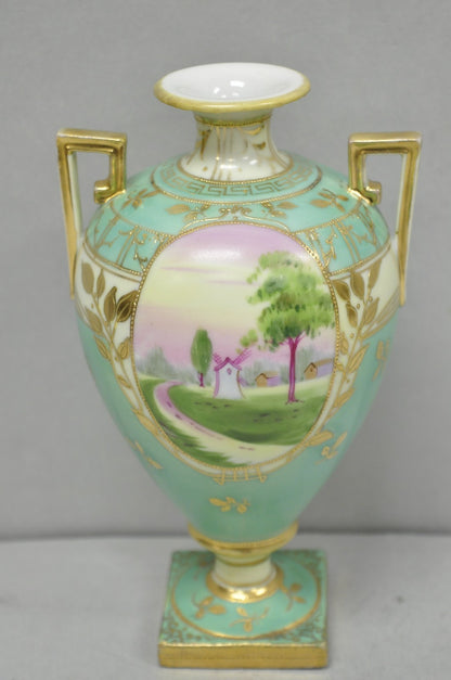 Antique Nippon Hand Painted Porcelain Windmill Scene Green Small Bolted Vase