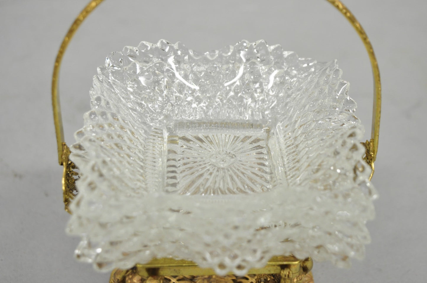 Vintage Brass Filigree Brides Basket Holder w/ Cherubs & 4 Ruffled Glass Dishes
