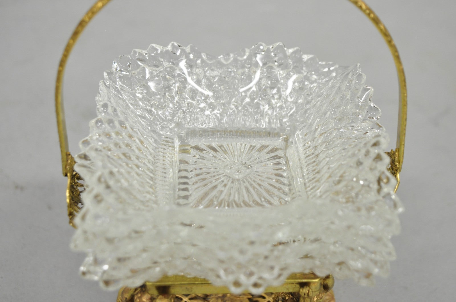 Vintage Brass Filigree Brides Basket Holder w/ Cherubs & 4 Ruffled Glass Dishes