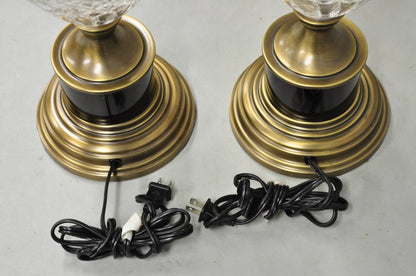 French Empire Cut Crystal Glass Urn & Brushed Brass Table Lamps by Wildwood Pair