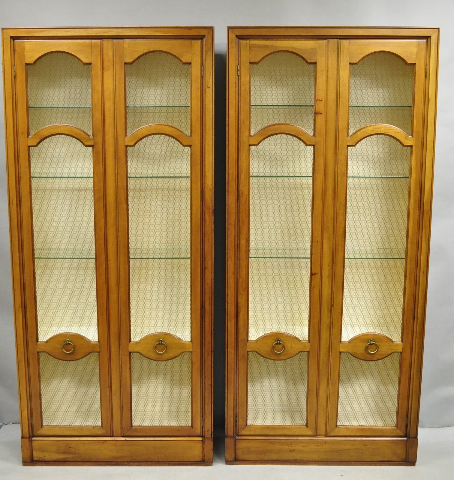 Vintage Baker Hollywood Regency Cherry Wood 2 Door Curio Cabinet Bookcase - Pair