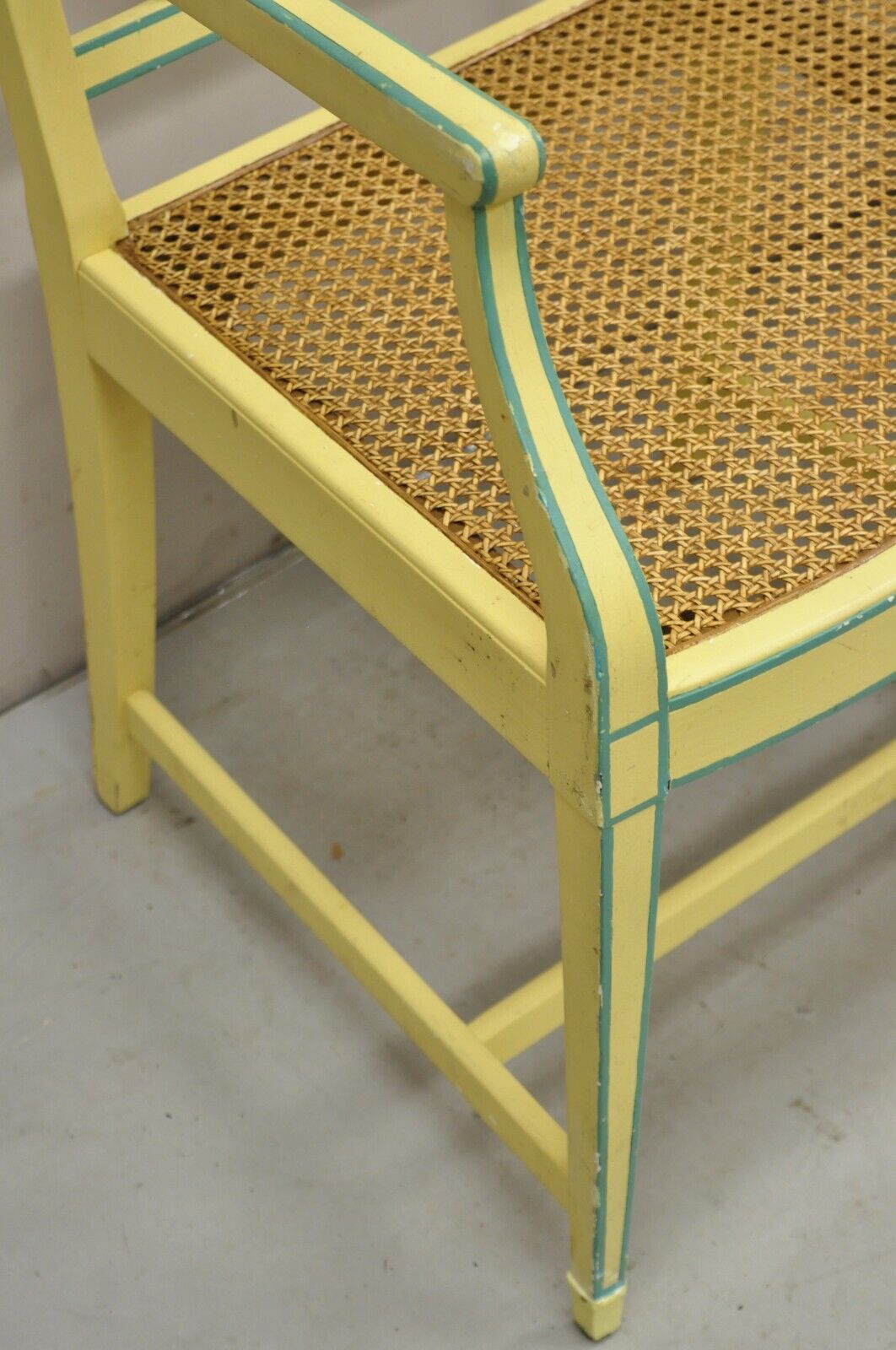 Vintage Italian Neoclassical Yellow Painted Cane Seat Fretwork Settee Bench