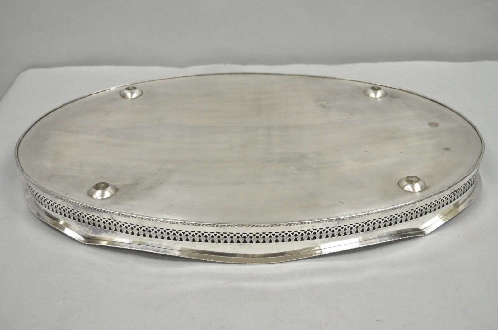 Antique English Edwardian Silver Plated Oval Bar Serving Tray w/ Raised Gallery