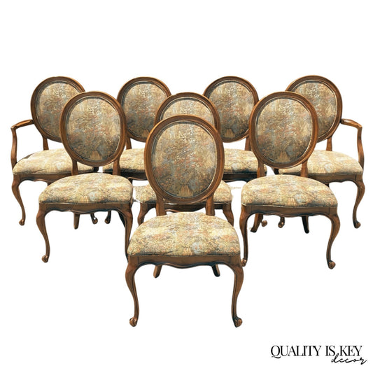 Vintage French Provincial Oval Balloon Back Upholstered Dining Chairs - Set of 8