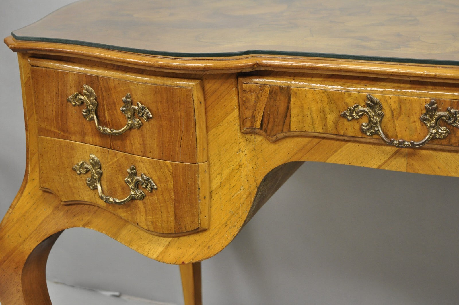 Vintage Italian Rococo French Country Burl Wood Olive Wood Inlay Writing Desk