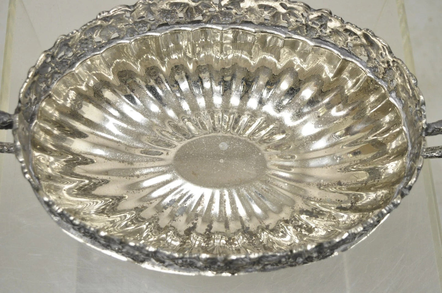 Antique Victorian Silver Plate Grapevine Oval Twin Handle Centerpiece Fruit Bowl