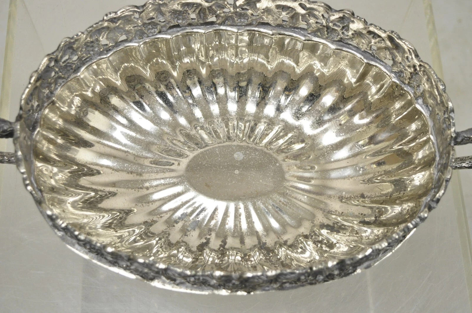 Antique Victorian Silver Plate Grapevine Oval Twin Handle Centerpiece Fruit Bowl