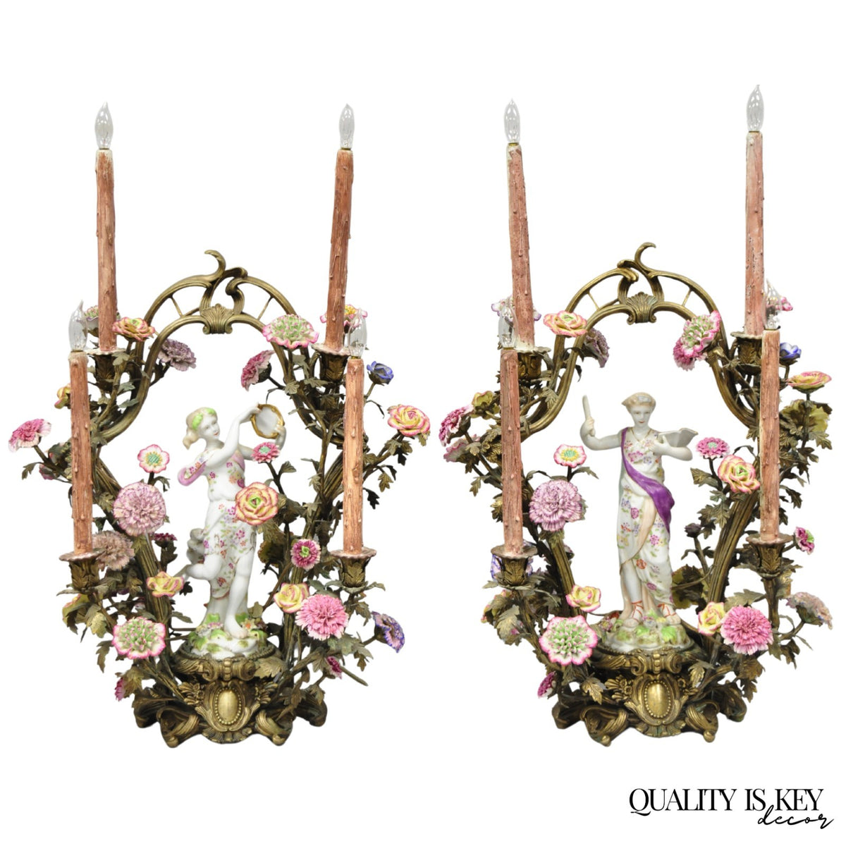 French Louis XV Repro Bronze & Porcelain Candelabra Lamps by United Wilson, Pair