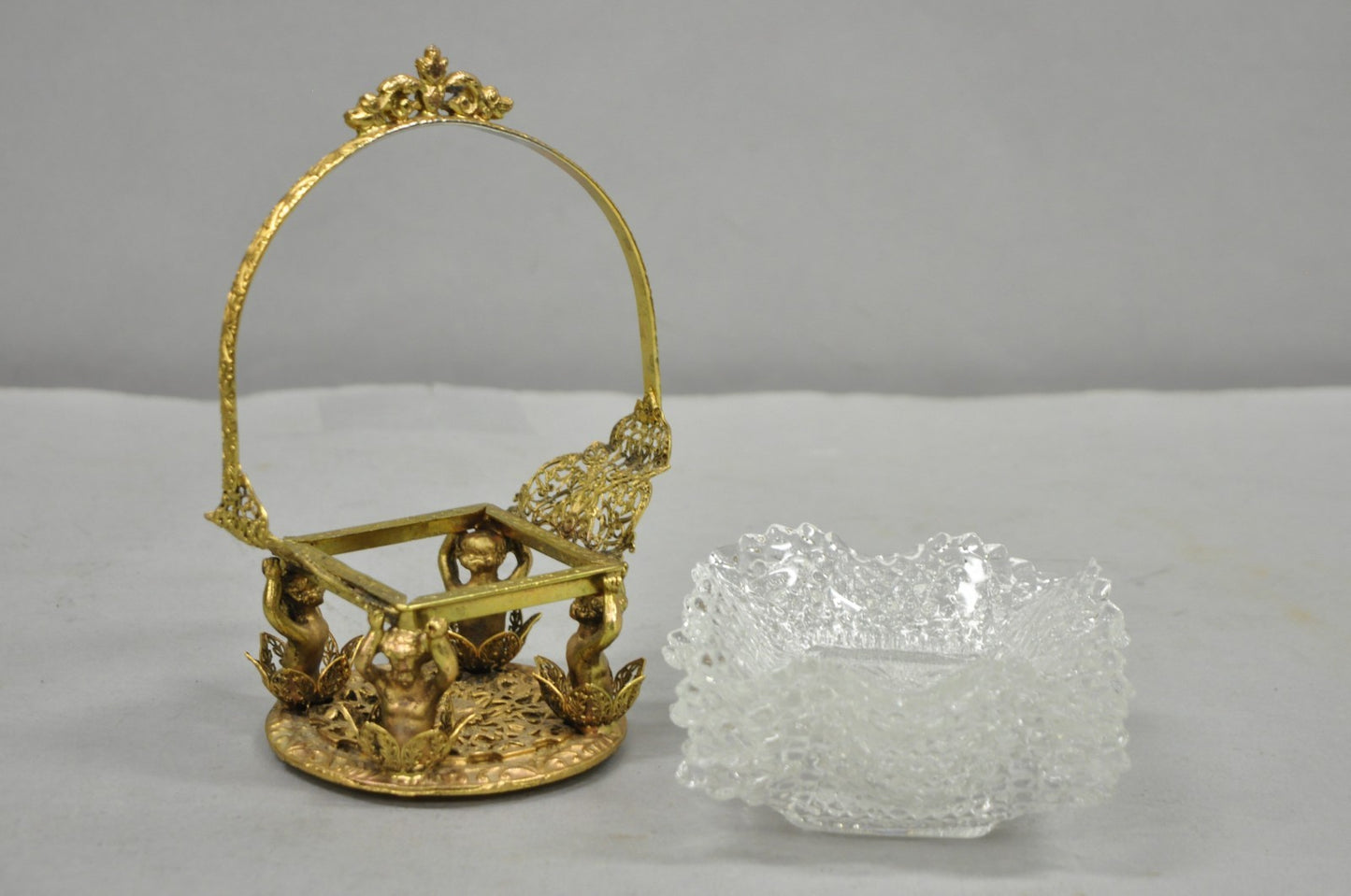 Vintage Brass Filigree Brides Basket Holder w/ Cherubs & 4 Ruffled Glass Dishes