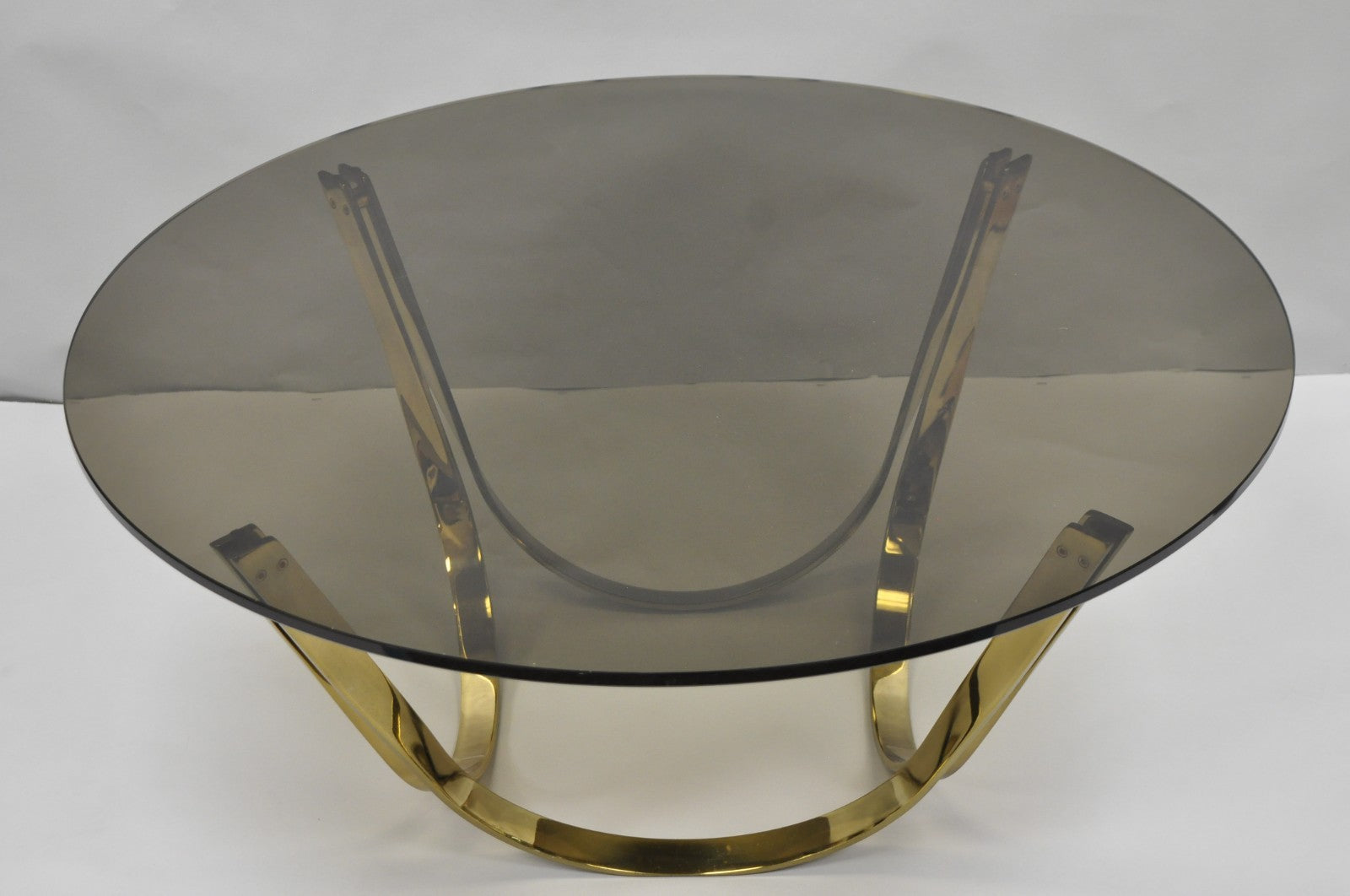 Tri-Mark Mid Century Modern Brass Plated Steel Smoked Glass Arch Coffee Table