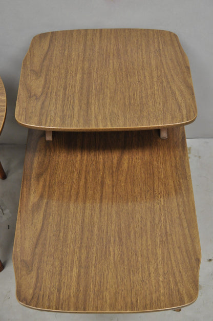 Vintage Mid Century Modern Walnut & Formica Round & Step Side Table Set - 2 pcs