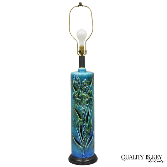 Vintage MCM Tall Royal Haeger Attr Blue Glazed Ceramic Pottery Floral Table Lamp