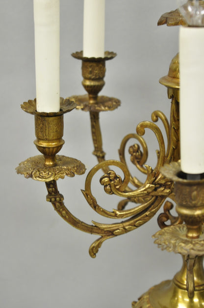 Vintage French Louis XV Style Red Porcelain Brass Candelabra Table Lamps - Pair