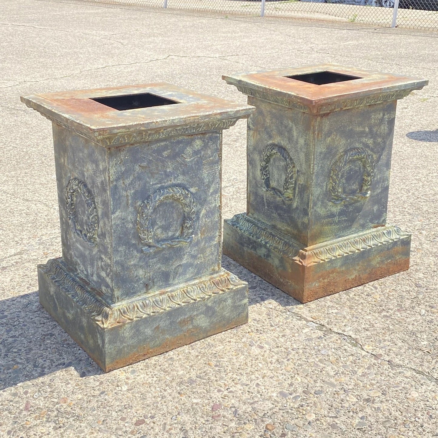 Vintage Neoclassical Cast Iron Wreath Garden Urn Planter Pedestal Base - Pair