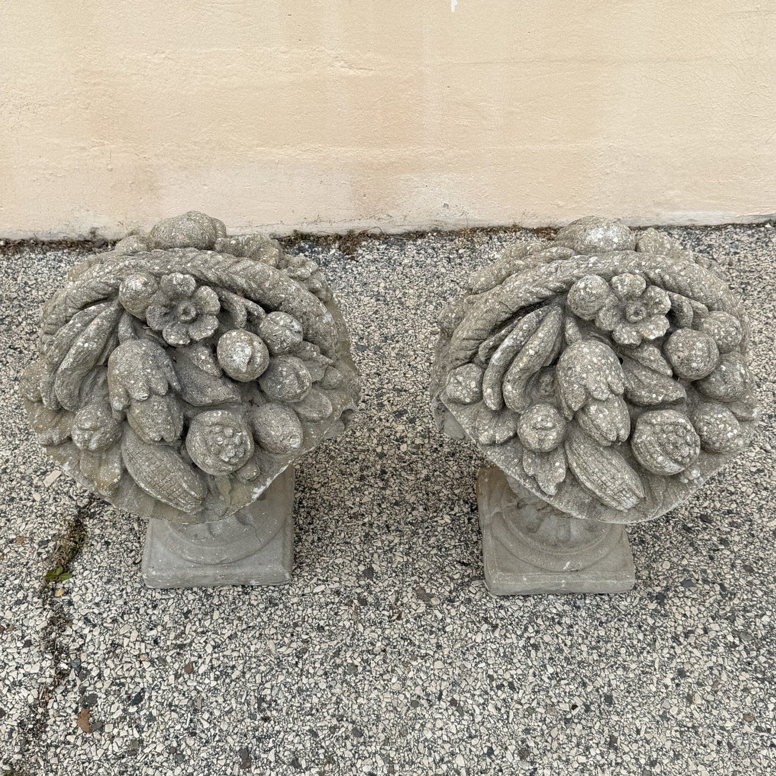 Vintage Cast Cement Stone 26" Fruit & Flower Basket Garden Lawn Ornament - Pair