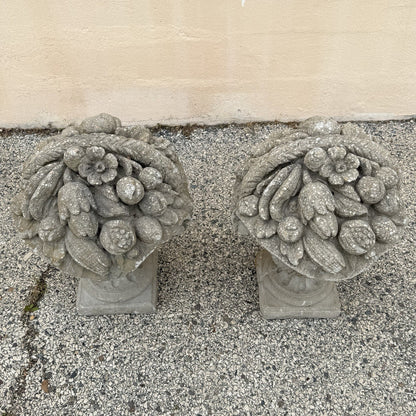 Vintage Cast Cement Stone 26" Fruit & Flower Basket Garden Lawn Ornament - Pair