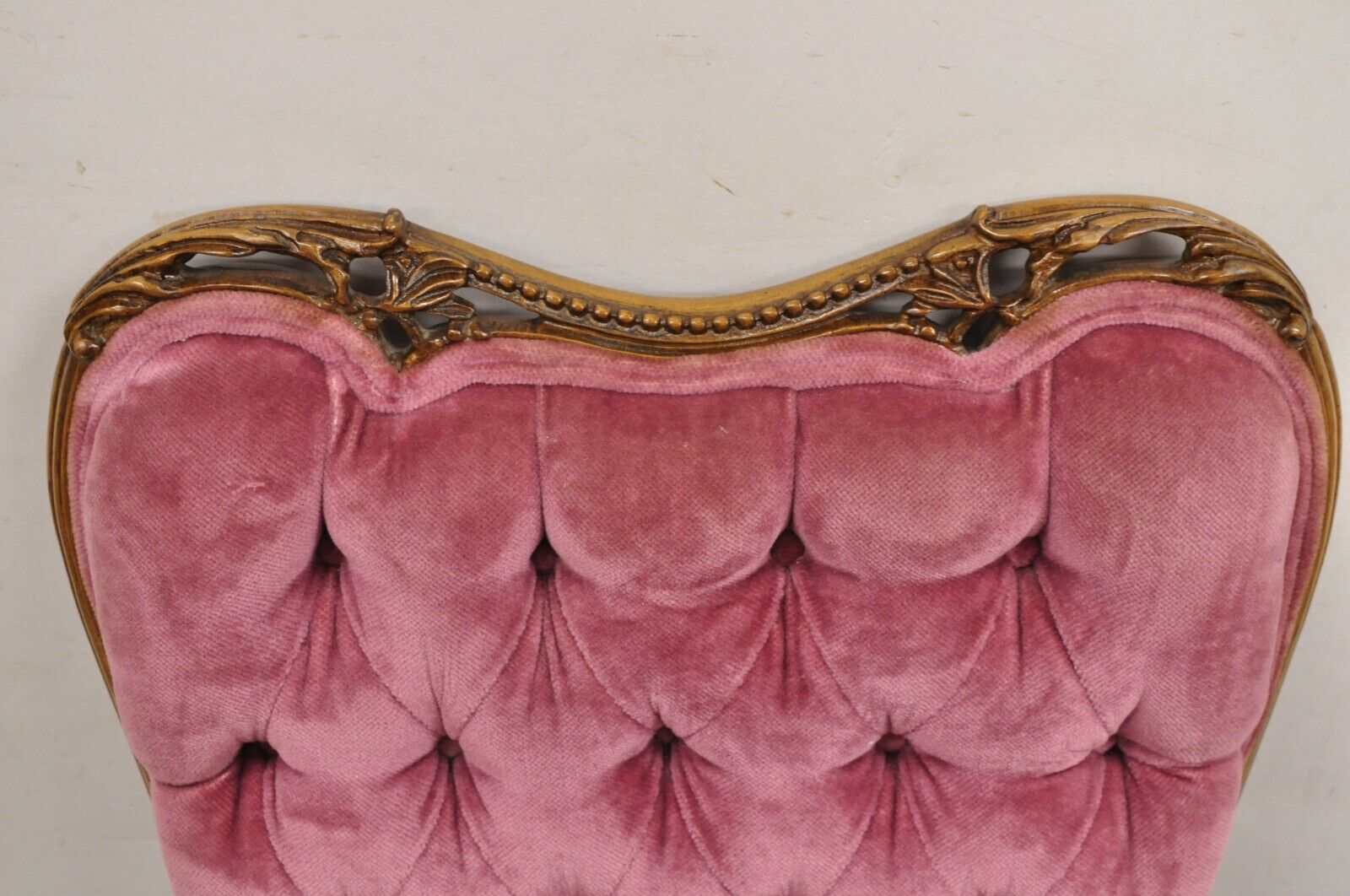 Antique Victorian Pink Tufted Carved Wood Parlor Arm Chair
