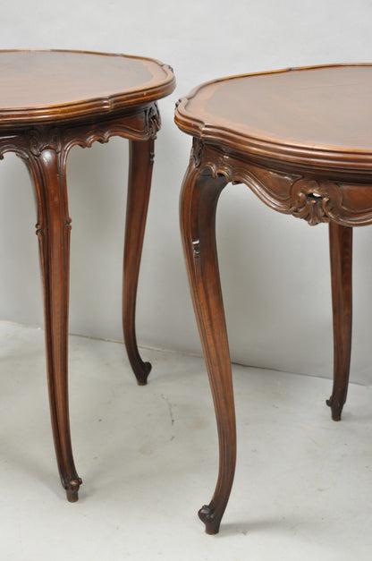 Antique French Louis XV Style Walnut Round Turtle Top Occasional Side Table Pair