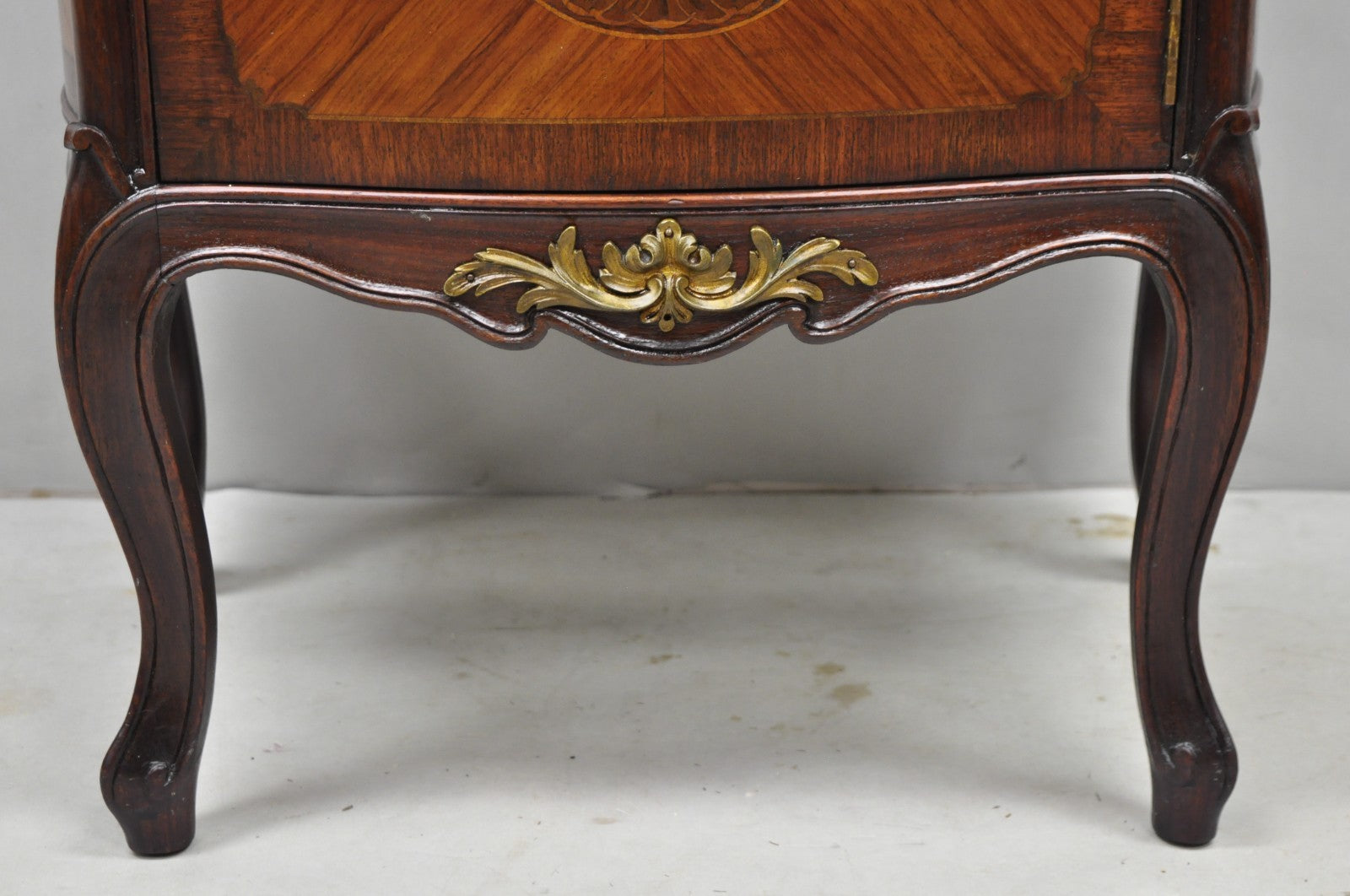 Antique French Louis XV Style Marble Top Satinwood Inlay Bombe Nightstand Table