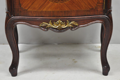 Antique French Louis XV Style Marble Top Satinwood Inlay Bombe Nightstand Table