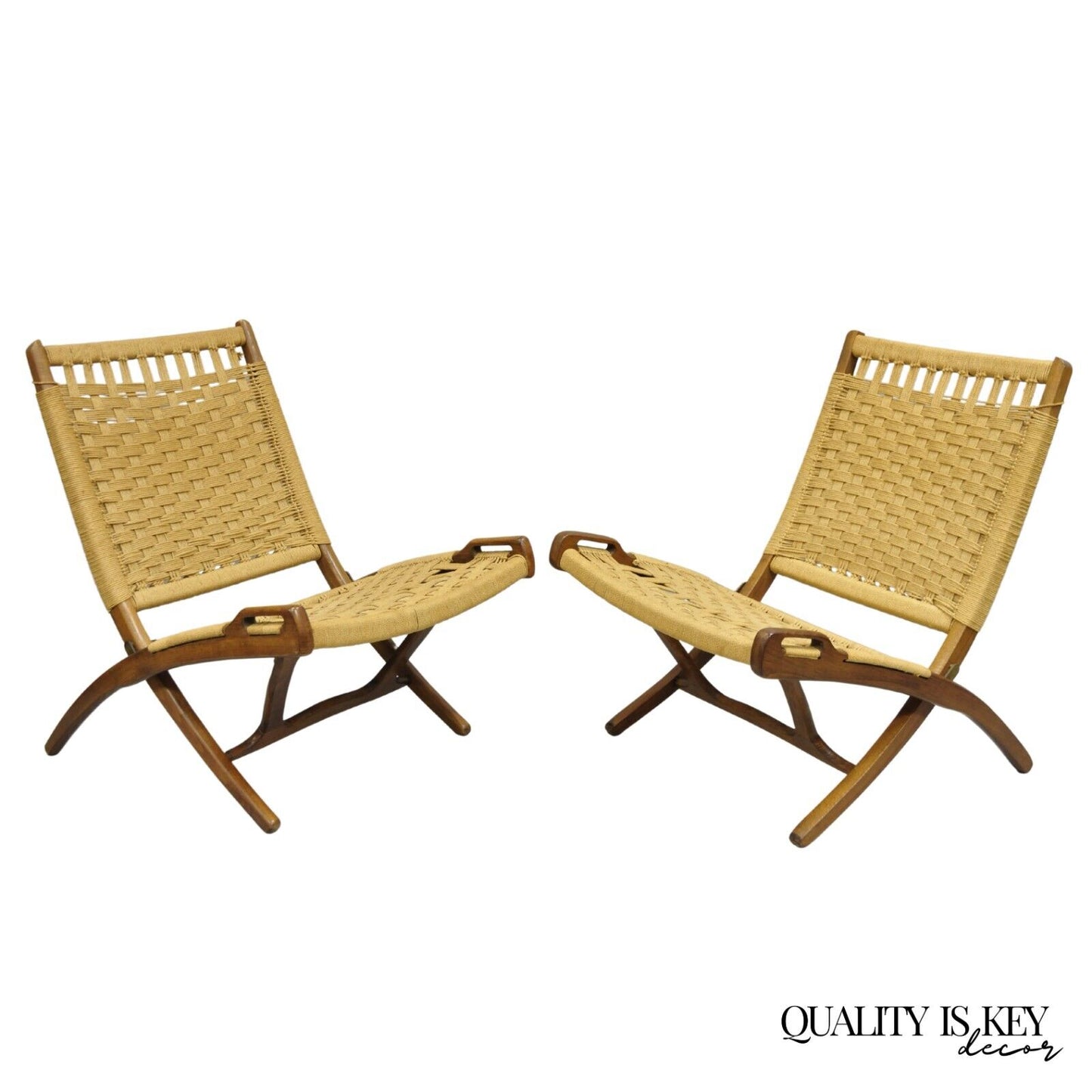 Vintage Mid Century Modern Woven Rope Wooden Folding Lounge Chair - a Pair