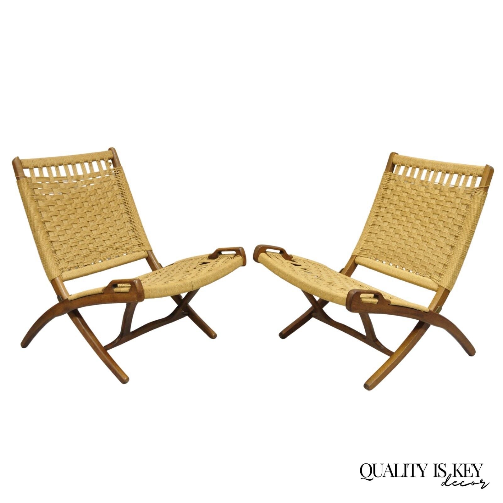 Vintage Mid Century Modern Woven Rope Wooden Folding Lounge Chair - a Pair