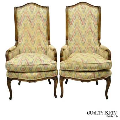 Vintage French Country Provincial High Back Walnut Arm Chairs (B) - a Pair