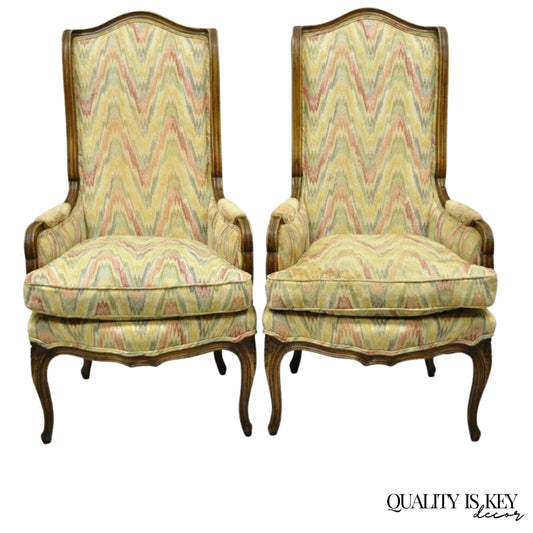 Vintage French Country Provincial High Back Walnut Arm Chairs (B) - a Pair