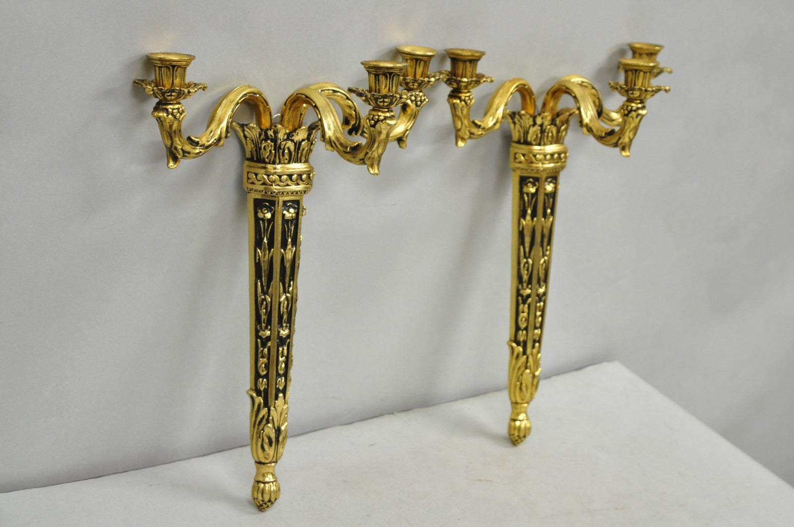 Vintage French Empire Gold Gilt Metal 3 Arm Torch Candelabra Wall Sconces a Pair