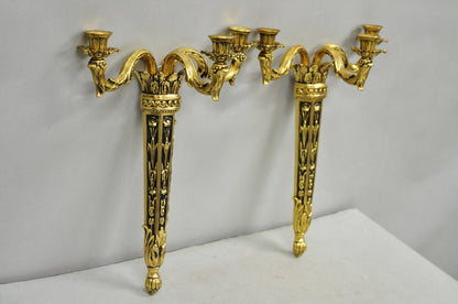 Vintage French Empire Gold Gilt Metal 3 Arm Torch Candelabra Wall Sconces a Pair