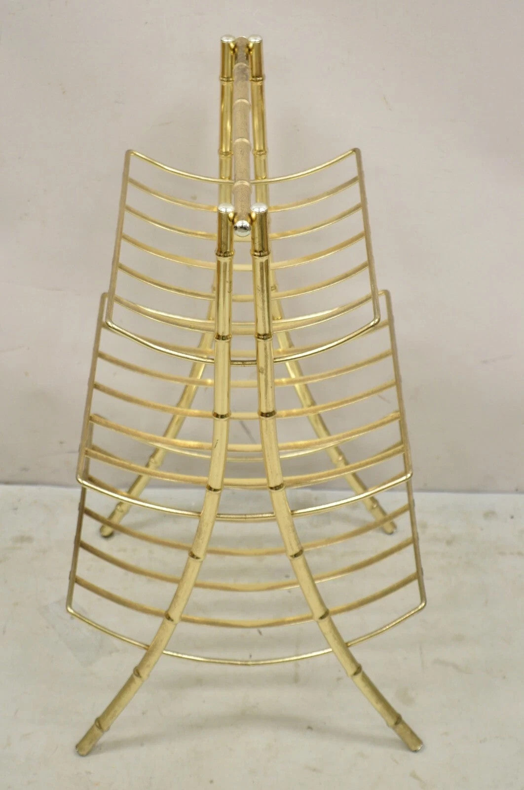 Vintage Hollywood Regency Gold Metal Faux Bamboo 3 Tier Magazine Rack Stand
