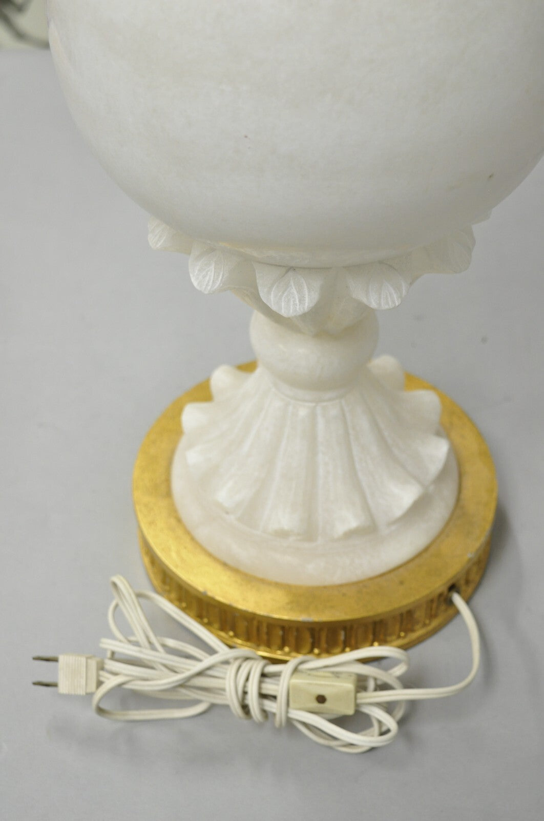 Antique Neoclassical Large Carved Solid Alabaster Marble Leaf Bulbous Table Lamp