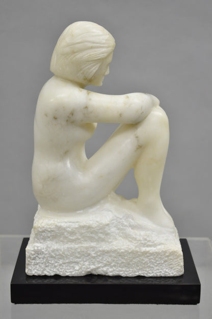 Morton Gaffin "Seated Woman" Modernist Carved White Alabaster Nude Sculpture