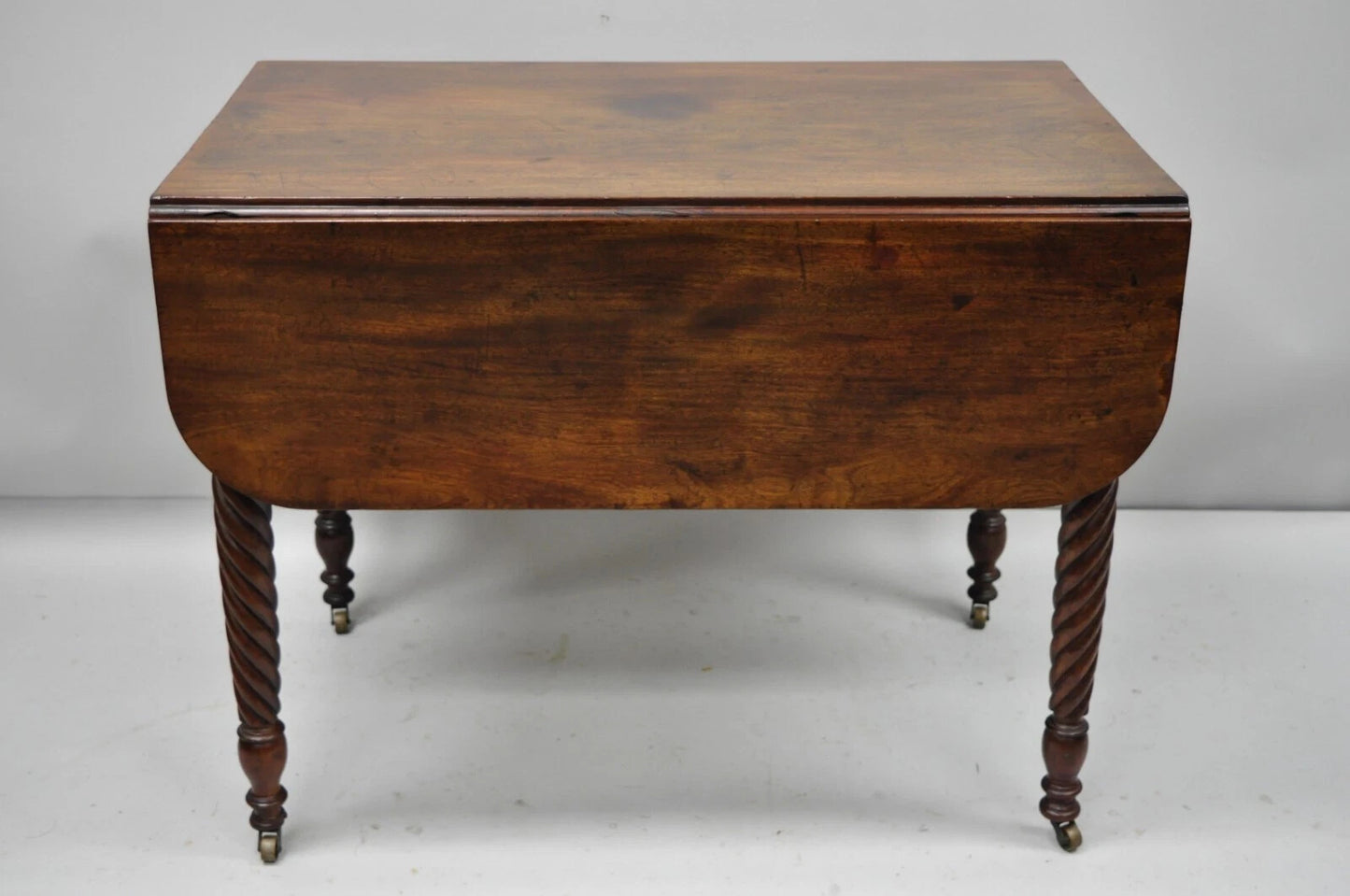 Antique 19th C. Sheraton Mahogany Turn Carved Spiral Leg Drop Leaf Dining Table