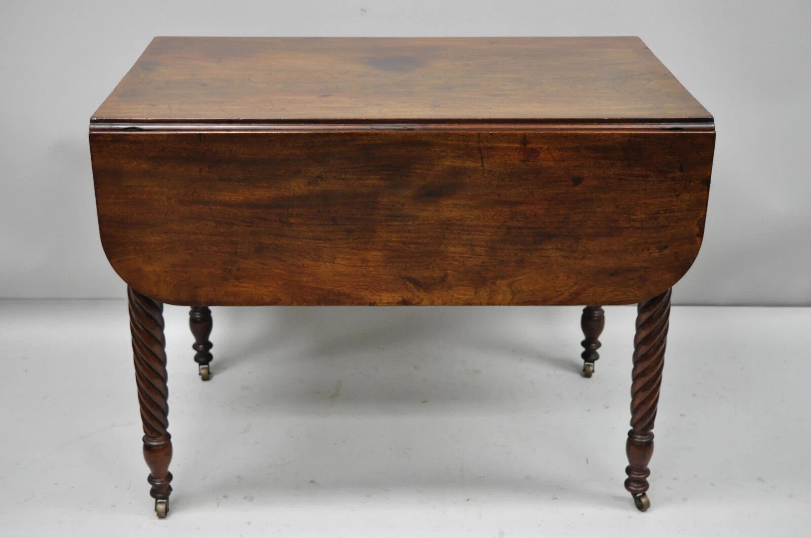 Antique 19th C. Sheraton Mahogany Turn Carved Spiral Leg Drop Leaf Dining Table