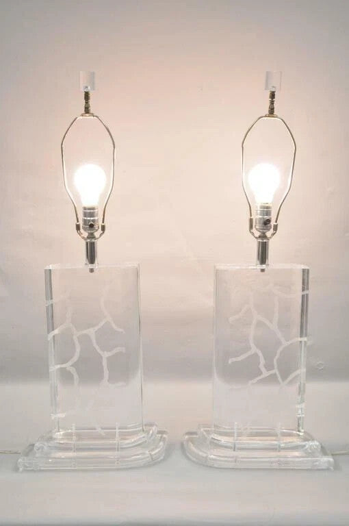 Vintage Mid Century Modern Etched Lucite Sculptural Table Lamps by Van Teal Pair